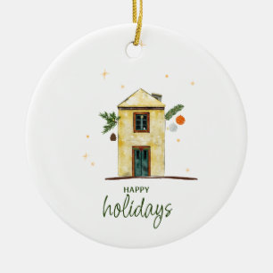 Watercolor Happy Holidays House Ceramic Ornament