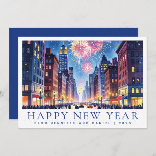 Watercolor Happy New Year New York City Fireworks Holiday Card