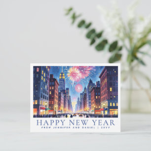 Watercolor Happy New Year New York City Fireworks Postcard
