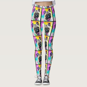 Watercolor happy smile pug puppy colorful leggings