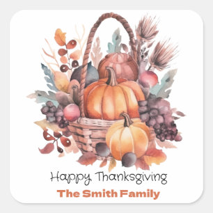 Watercolor Happy Thanksgiving Family Name Square Sticker