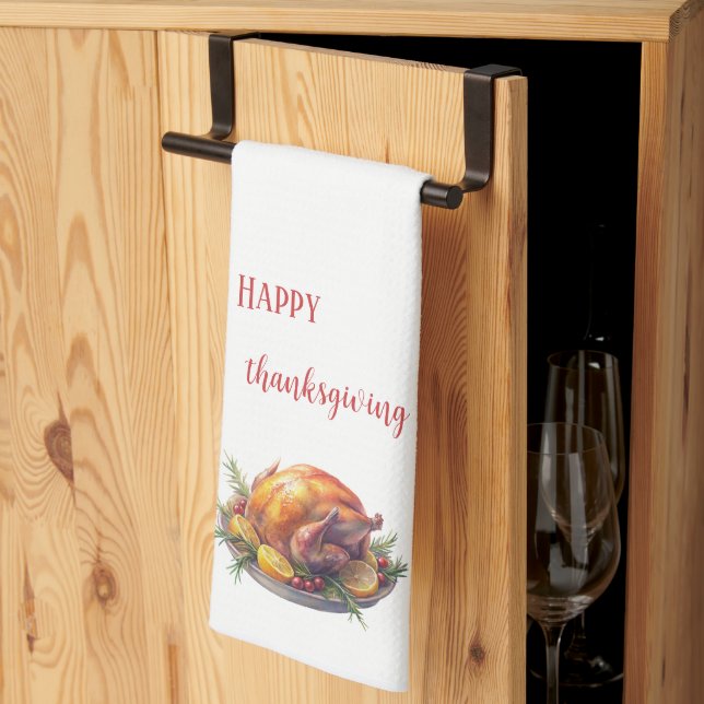 Watercolor Happy Thanksgiving, Roasted turkey gift Tea Towel (Thirds Fold)