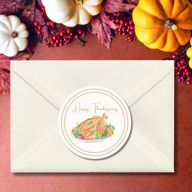 Watercolor Happy Thanksgiving Turkey  Classic Round Sticker (Creator Uploaded)