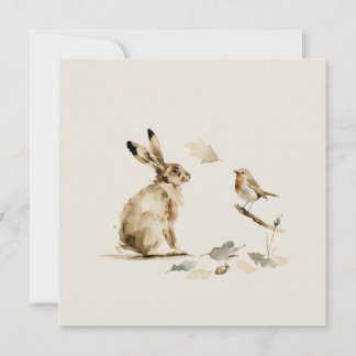 Watercolor Hare and Robin Autumn Woodland Card