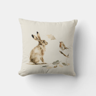 Watercolor Hare and Robin Autumn Woodland Cushion