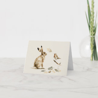 Watercolor Hare and Robin Autumn Woodland Thank You Card