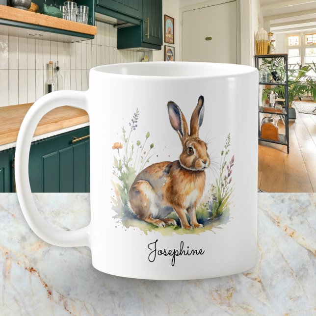 Watercolor Hare Country Wildlife Personalized Coffee Mug (A personalized coffee mug, featuring a picture of a hare with meadow flowers in a watercolor style)