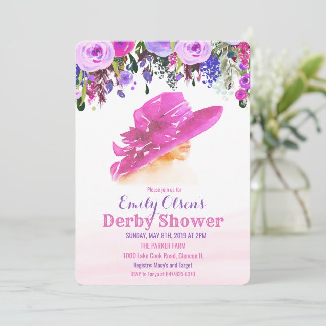 Watercolor Hat Floral Derby Shower Invitation (Standing Front)