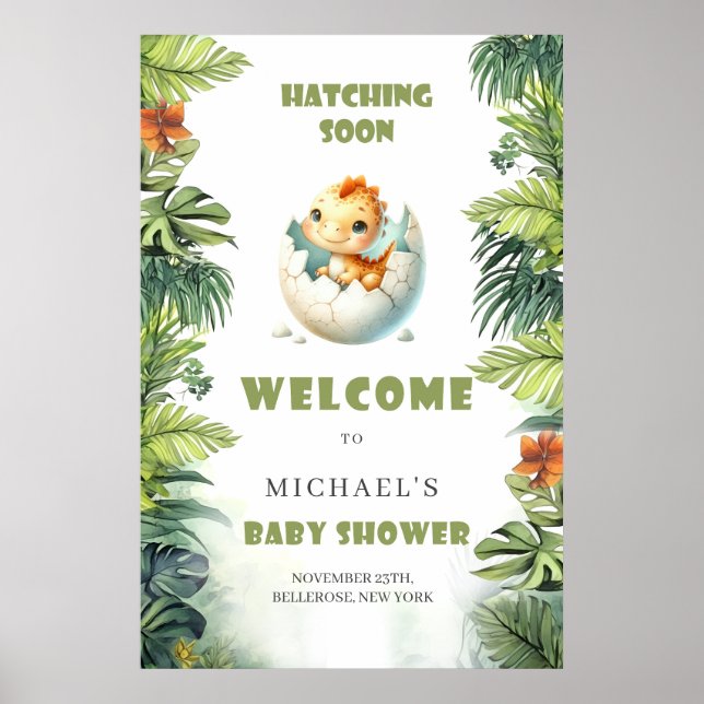 Watercolor hatching soon baby dino welcome sign (Front)