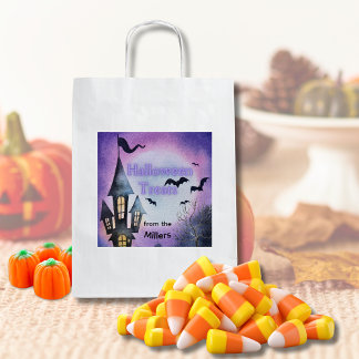 Watercolor Haunted House Halloween Treat Bag Square Sticker