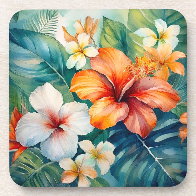 Watercolor Hawaiian Garden Tropical Hibiscus Coaster (Front)