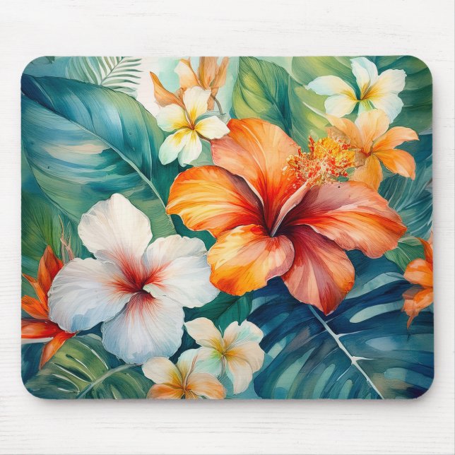 Watercolor Hawaiian Garden Tropical Hibiscus  Mouse Pad (Front)