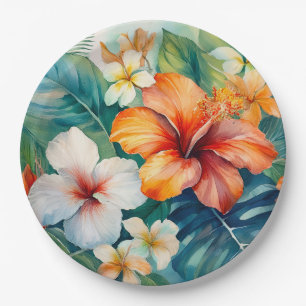 Watercolor Hawaiian Garden Tropical Hibiscus Paper Plate
