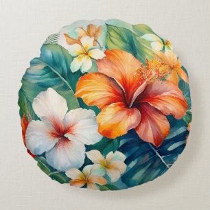 Watercolor Hawaiian Garden Tropical Hibiscus Round Cushion
