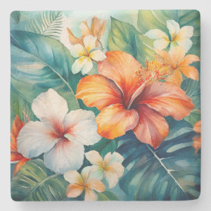 Watercolor Hawaiian Garden Tropical Hibiscus Stone Coaster