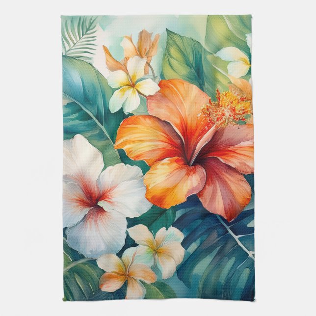 Watercolor Hawaiian Garden Tropical Hibiscus Tea Towel (Vertical)