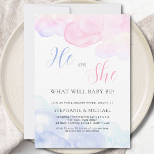 Watercolor He or She Gender Reveal Party Invitation