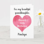 Watercolor Heart 12th Birthday Granddaughter Card<br><div class="desc">A heart 12th birthday granddaughter card that features a pink watercolor heart on the front of the card. You can easily personalise underneath the heart with her name. Inside this 12th birthday card reads a heartfelt message, which you can easily personalise if wanted. The back has a happy birthday message,...</div>