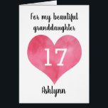 Watercolor Heart 17th Birthday Granddaughter<br><div class="desc">A personalised birthday granddaughter card that features a watercolor heart, which you can personalise with her age and add her name underneath the heart. The inside card message reads "I hope that today and every day is filled with lots of love, laughter & fun. Happy 17th Birthday!" The birthday message...</div>