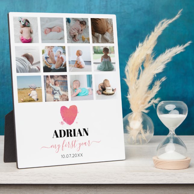 Watercolor Heart Baby's First Year Photo Collage Plaque (Side)