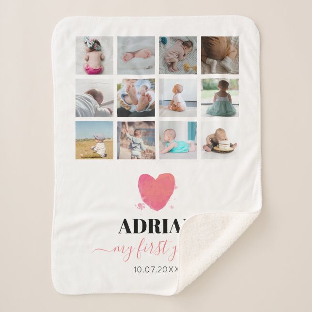Watercolor Heart Baby's First Year Photo Collage Sherpa Blanket (Front)