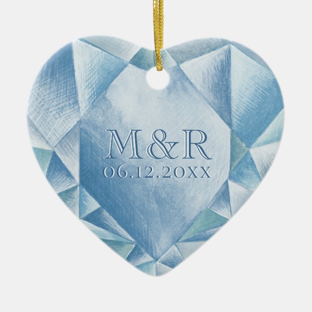 Watercolor Heart Diamond 60th Marriage Anniversary Ceramic Ornament (Front)