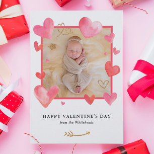 Watercolor Heart Frame Photo Valentine's Holiday Card