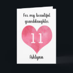 Watercolor Heart Happy 11th Birthday Granddaughter Card<br><div class="desc">A personalized heart 11th birthday card for granddaughter that features a watercolor heart. You can personalize the heart with the age you need and add her name underneath the heart. The inside card message reads a heartfelt birthday message, which you can easily personalize if wanted. The back of this heart...</div>