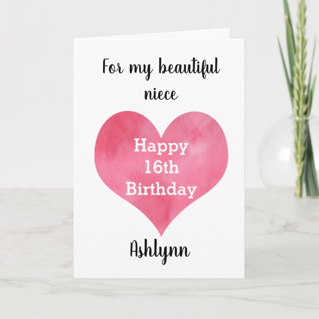 Watercolor Heart Happy 16th Birthday Niece Card (Front)