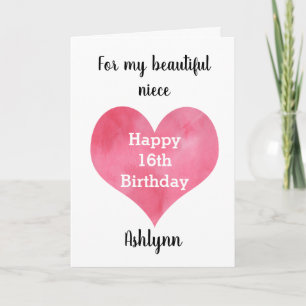 Watercolor Heart Happy 16th Birthday Niece Card