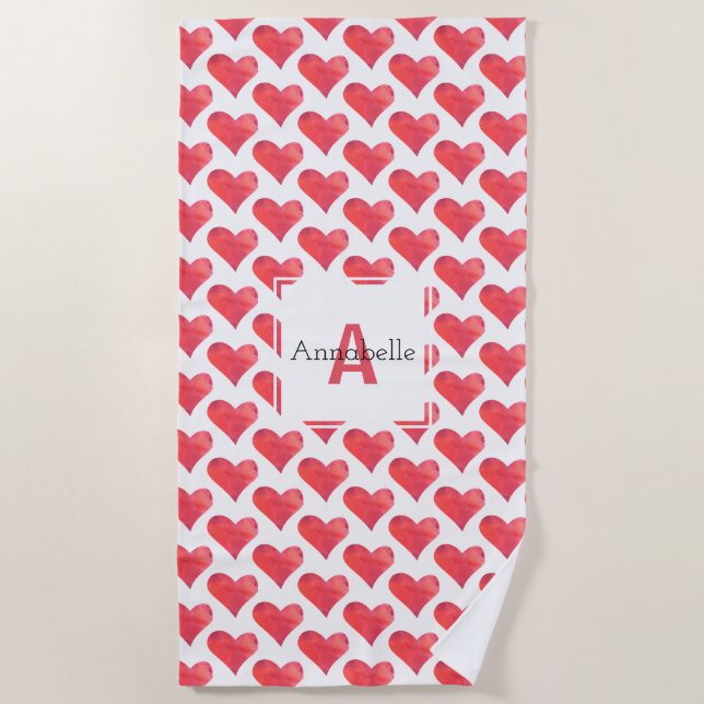 Watercolor Heart Pattern Personalised Monogram Red Beach Towel (Front)