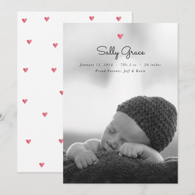 Watercolor Heart Photo Baby Birth Announcement  (Front/Back)