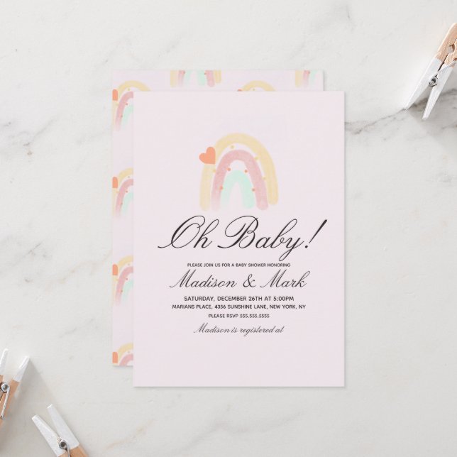 Watercolor Heart Rainbow Stroke Baby Shower Pink Invitation (Front/Back In Situ)