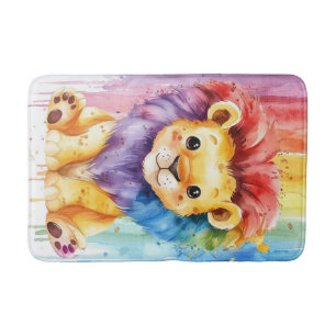 Watercolor Heart Shape Colourful Lion Bath Mat