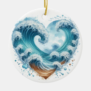 WATERCOLOR HEART SHAPED WAVES ON THE BEACH CERAMIC ORNAMENT