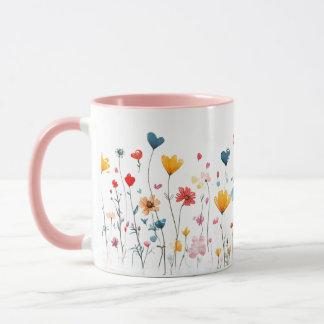 Watercolor Heart WildFlowers Valentines Mug