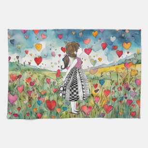 Watercolor Hearts and a Little Girl Tea Towel