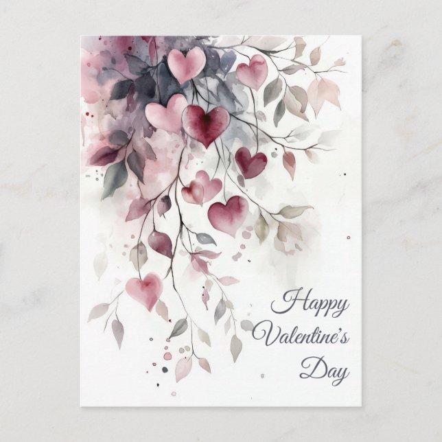 Watercolor Hearts and Flowers Valentine's Greeting Postcard (Front)