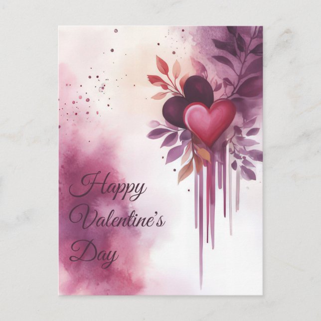 Watercolor Hearts and Flowers Valentine's Greeting Postcard (Front)