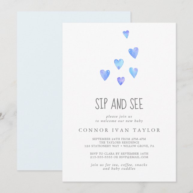 Watercolor Hearts Baby Boy Sip and See Invitation (Front/Back)