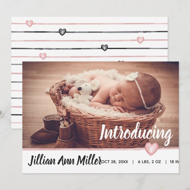 Watercolor Hearts Birth Announcement (Front/Back)