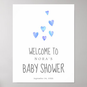Watercolor Hearts Boy Baby Shower Welcome Poster