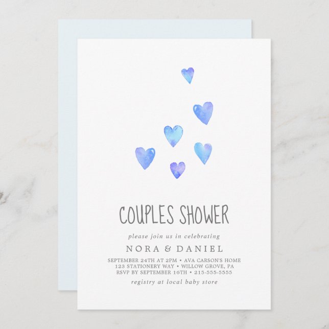 Watercolor Hearts Boy Couples Shower Invitation (Front/Back)
