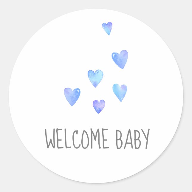 Watercolor Hearts Boy Welcome Baby Shower Sticker (Front)