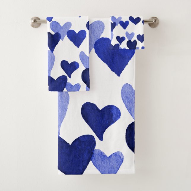 Watercolor hearts burst in blue bath towel set (Insitu)