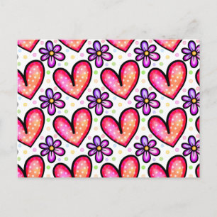 Watercolor Hearts & Flowers Valentine Pattern Postcard