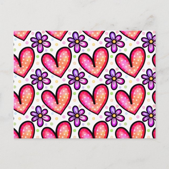 Watercolor Hearts & Flowers Valentine Pattern Postcard (Front)