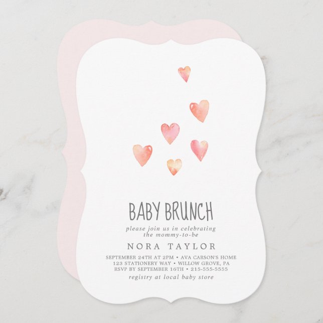 Watercolor Hearts Girl Baby Brunch Invitation (Front/Back)