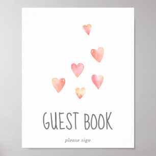 Watercolor Hearts Girl Baby Shower Guest Book Sign