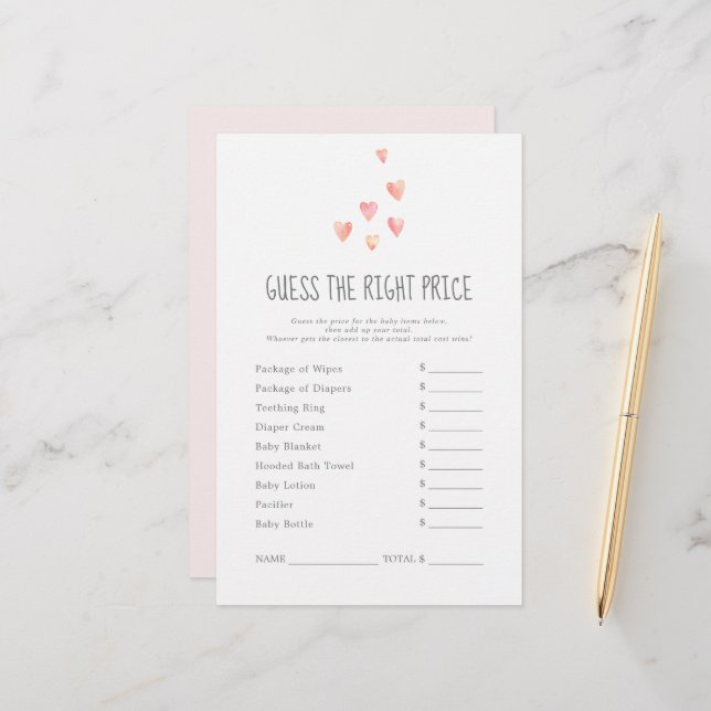 Watercolor Hearts Girl Guess the Right Price Game (Front/Back In Situ)